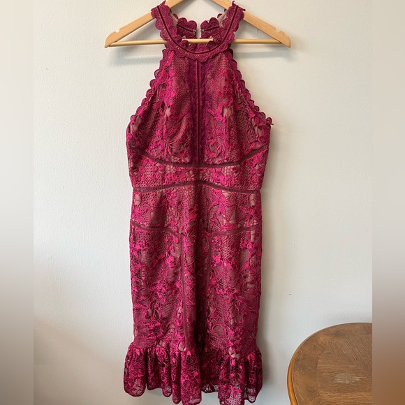 Marchesa Notte Red Lace Flounce Sheath Halter dress - Picture 2 of 7